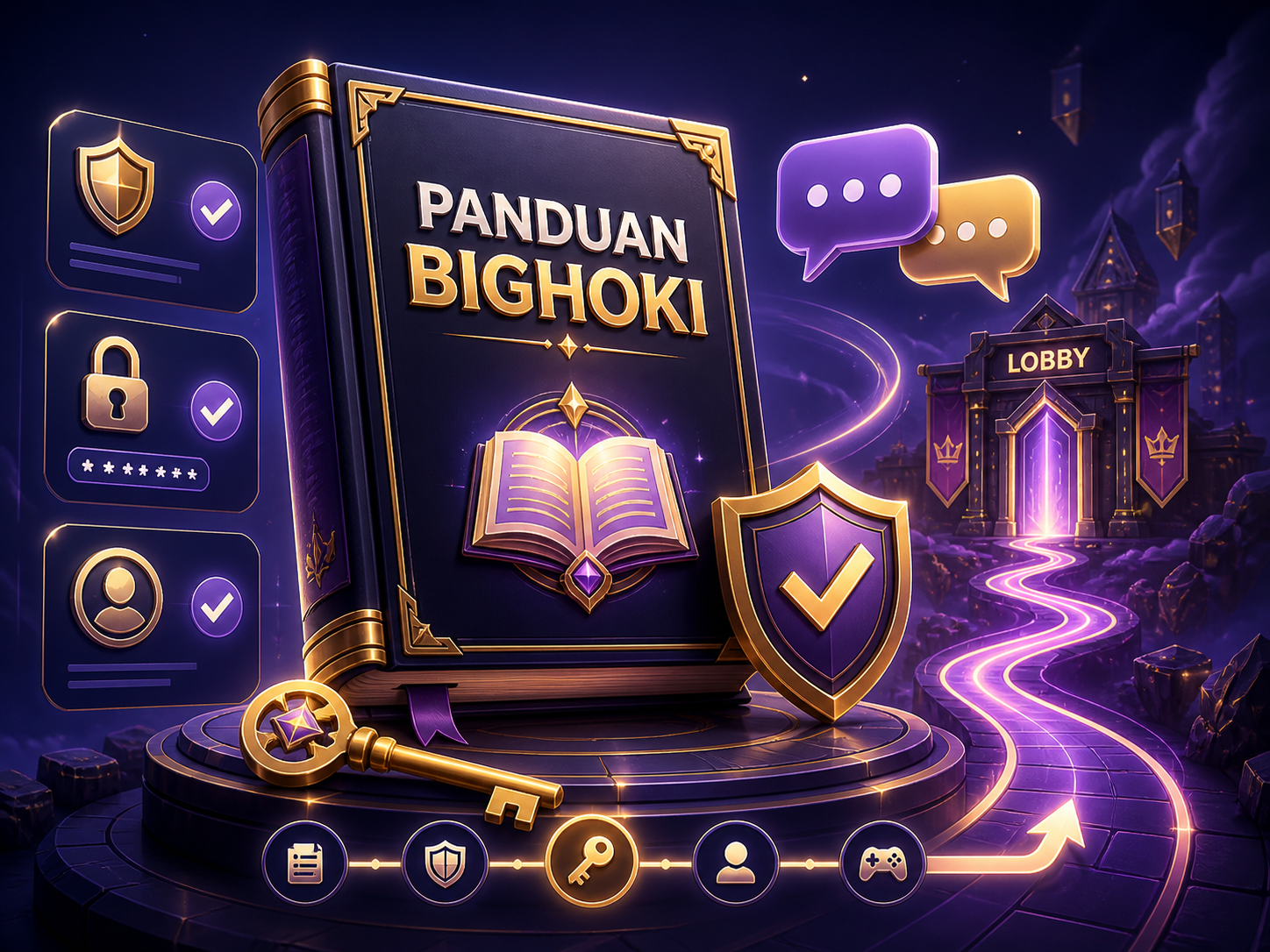Panduan akses Bighoki dengan ikon keamanan dan jalur menuju lobby