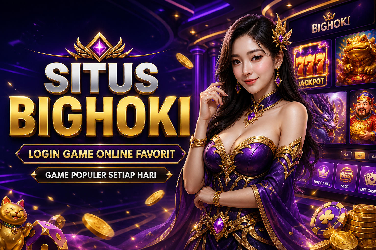 Banner Situs Bighoki dengan karakter wanita Asia dan promosi login game online